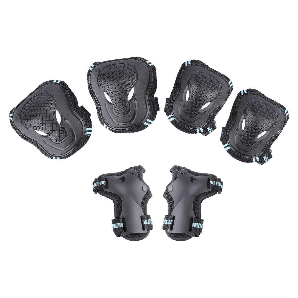 Kit complet de protections noires et bleues avec genouillères, coudières et protège-poignets