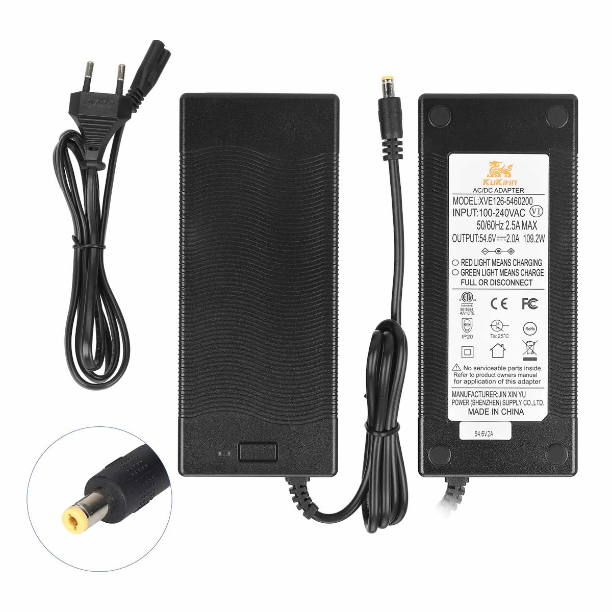 Chargeur d'origine 54,6V 2A avec connecteur DC2.1 et câble d'alimentation européen