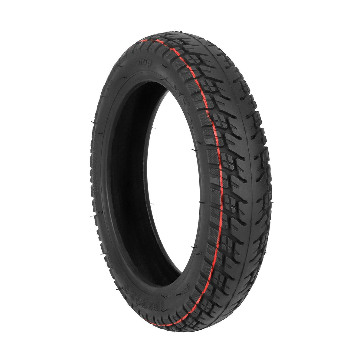 Pneu tubeless 10 pouces tout-terrain noir avec liseré rouge vu de trois quarts