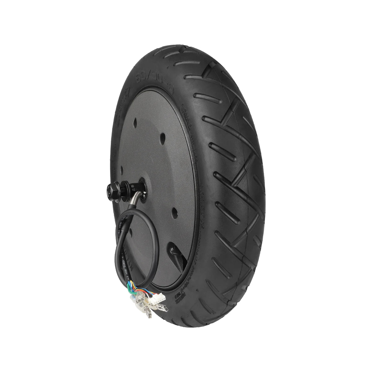 Moteur de trottinette électrique noir équipé de son pneu et de son câble de connexion