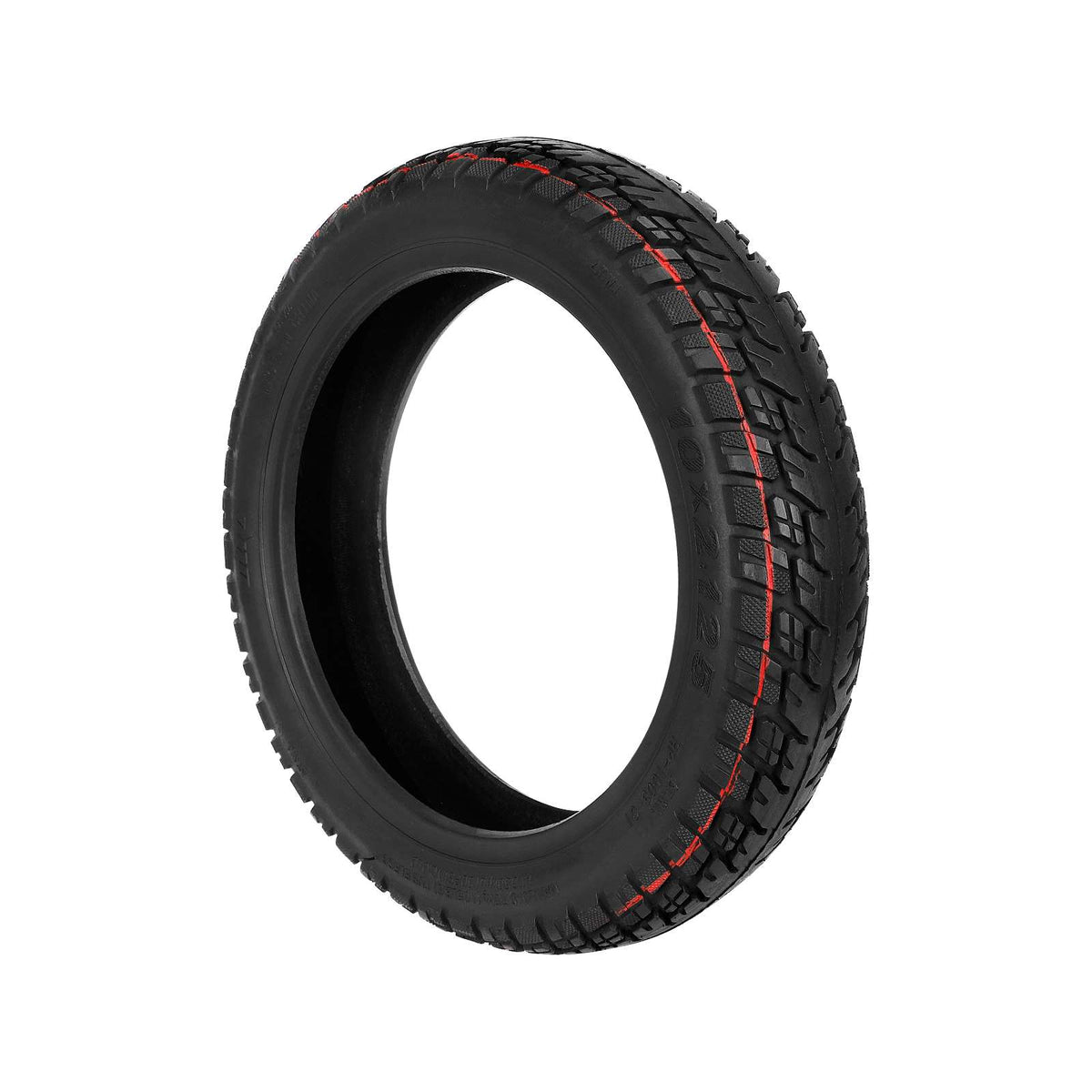 Pneu tubeless tout-terrain 10 pouces noir avec liseré rouge vu en perspective