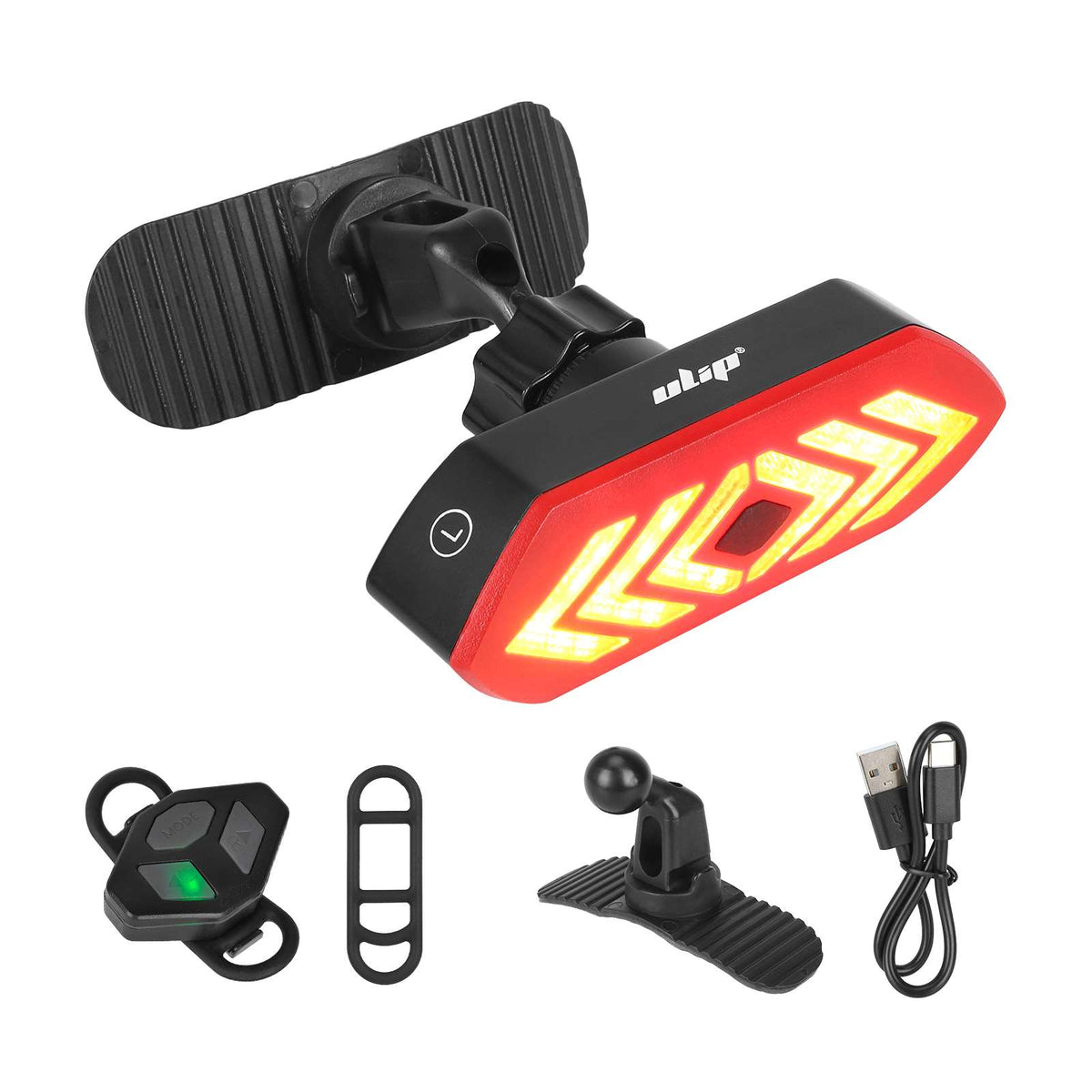 Feu clignotant arrière LED noir et rouge avec télécommande sans fil, supports de fixation et câble USB