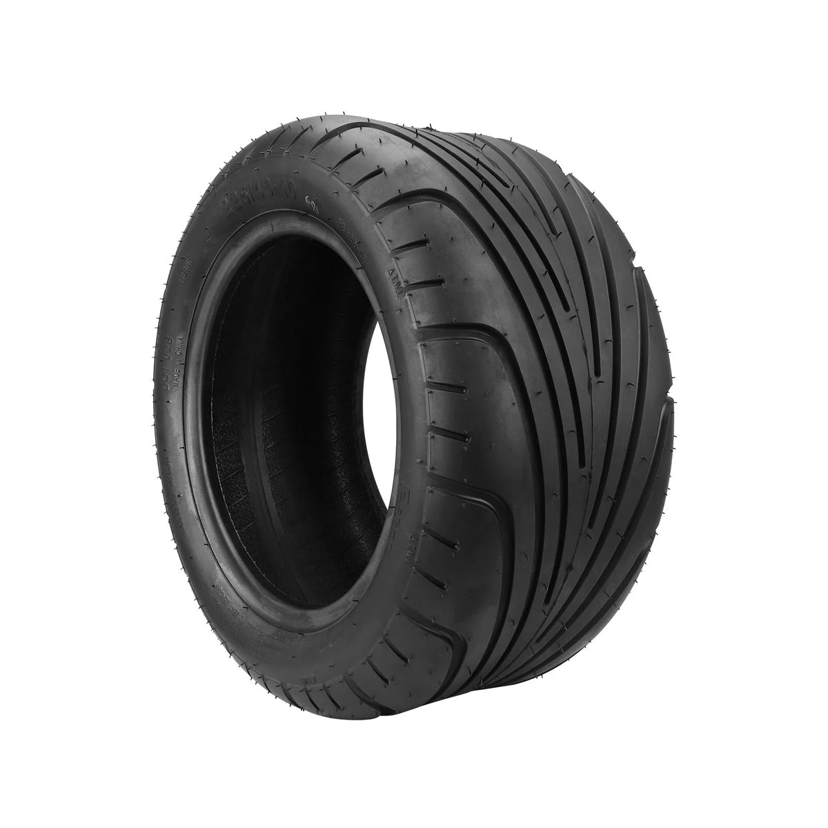 Pneu tubeless 10 pouces 225/40-10 noir vu de trois-quarts