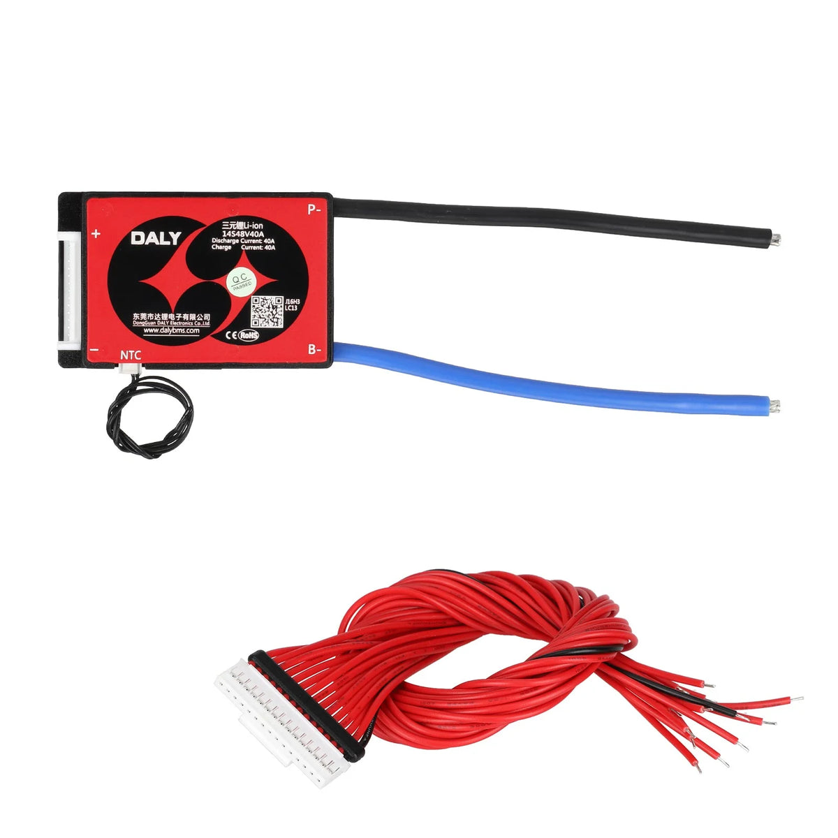 Carte de protection BMS Daly 48V 40A 14S rouge et noire avec ses câbles de connexion