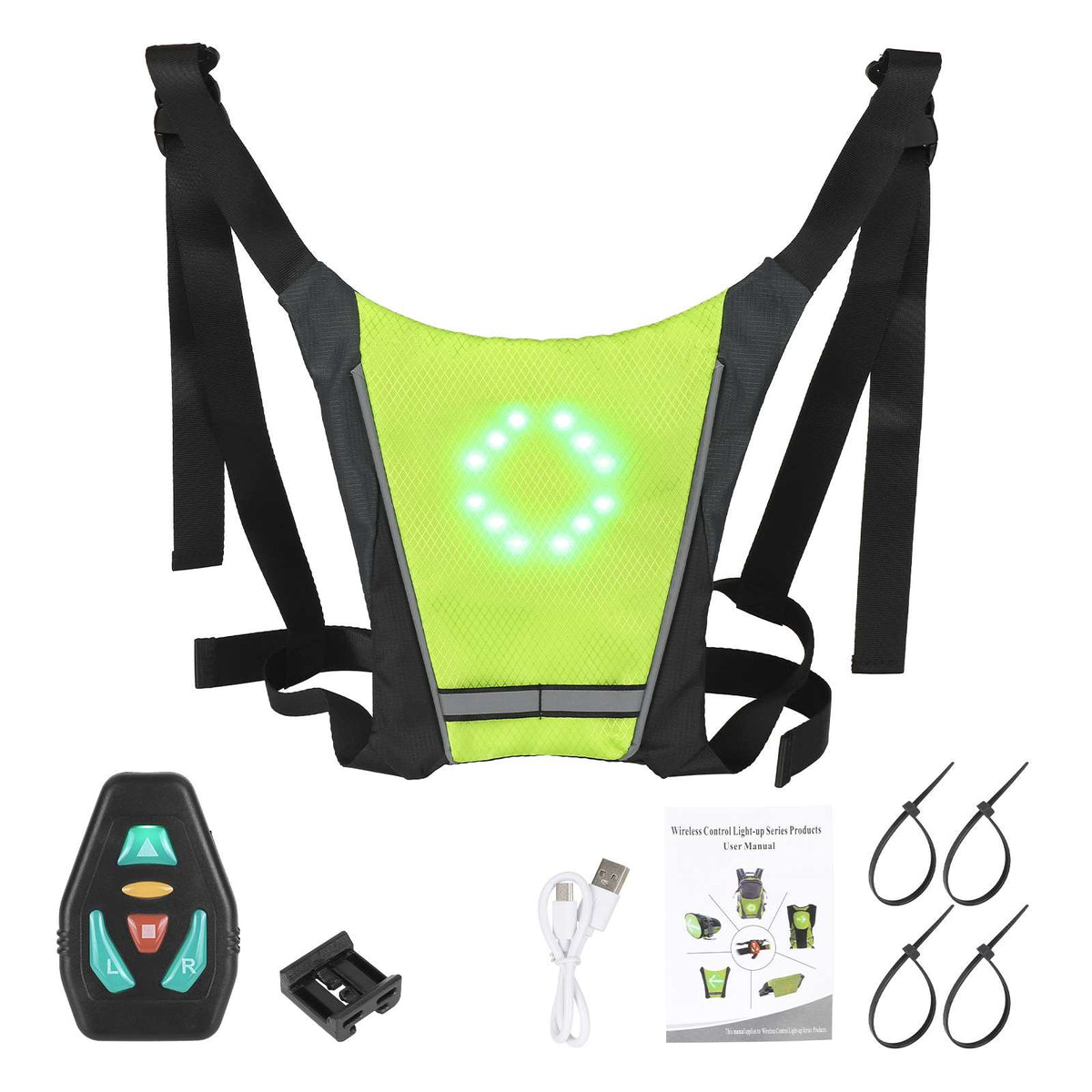 Gilet lumineux clignotant jaune fluo avec télécommande sans fil et câble USB