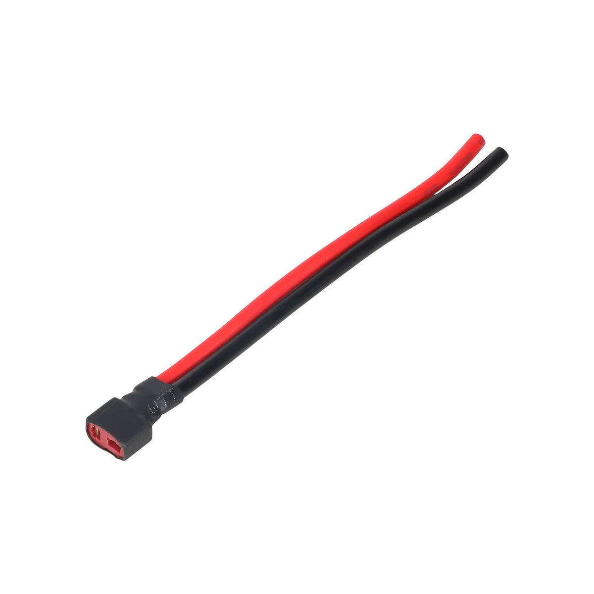 Port de charge avec connecteur femelle de type T et câbles rouge et noir sur fond blanc