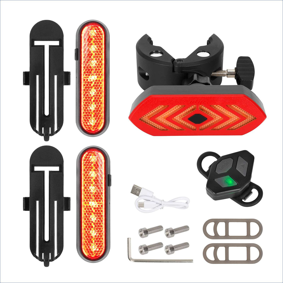 Kit de clignotants et feu arrière rechargeable avec télécommande sans fil, câbles de charge et fixations