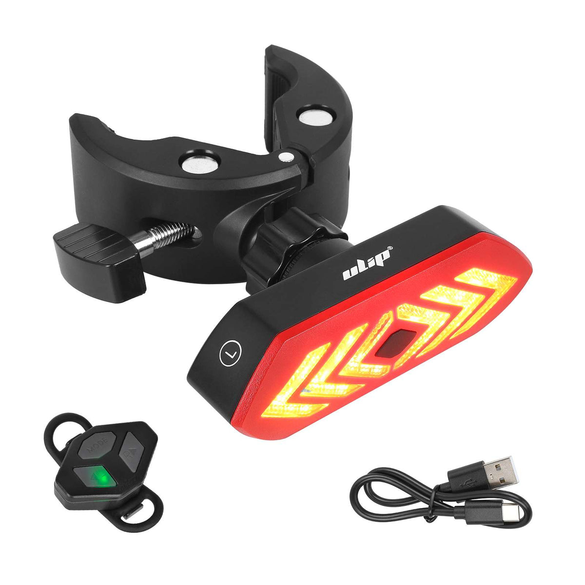 Feu arrière clignotant rouge et orange rechargeable USB avec sa télécommande sans fil et son support de fixation