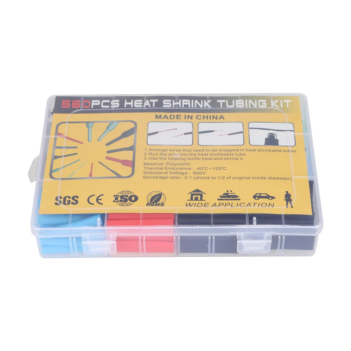 Boîte de rangement contenant 560 gaines thermorétractables de différentes couleurs et tailles