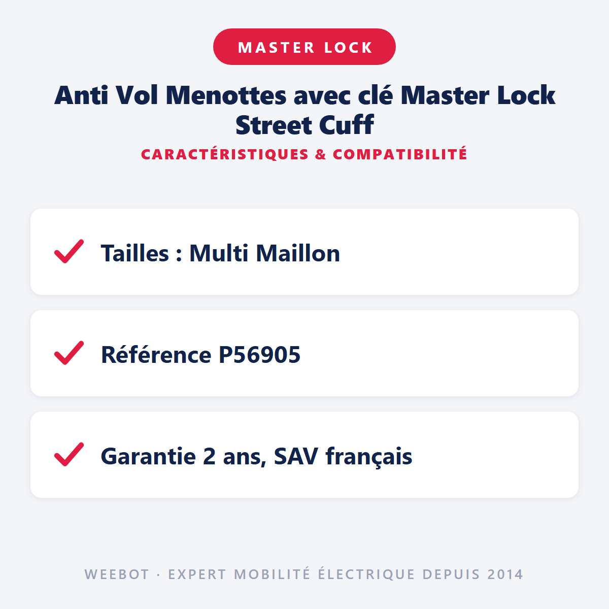 Anti Vol Menottes avec clé Master Lock Street Cuff : caractéristiques et compatibilité