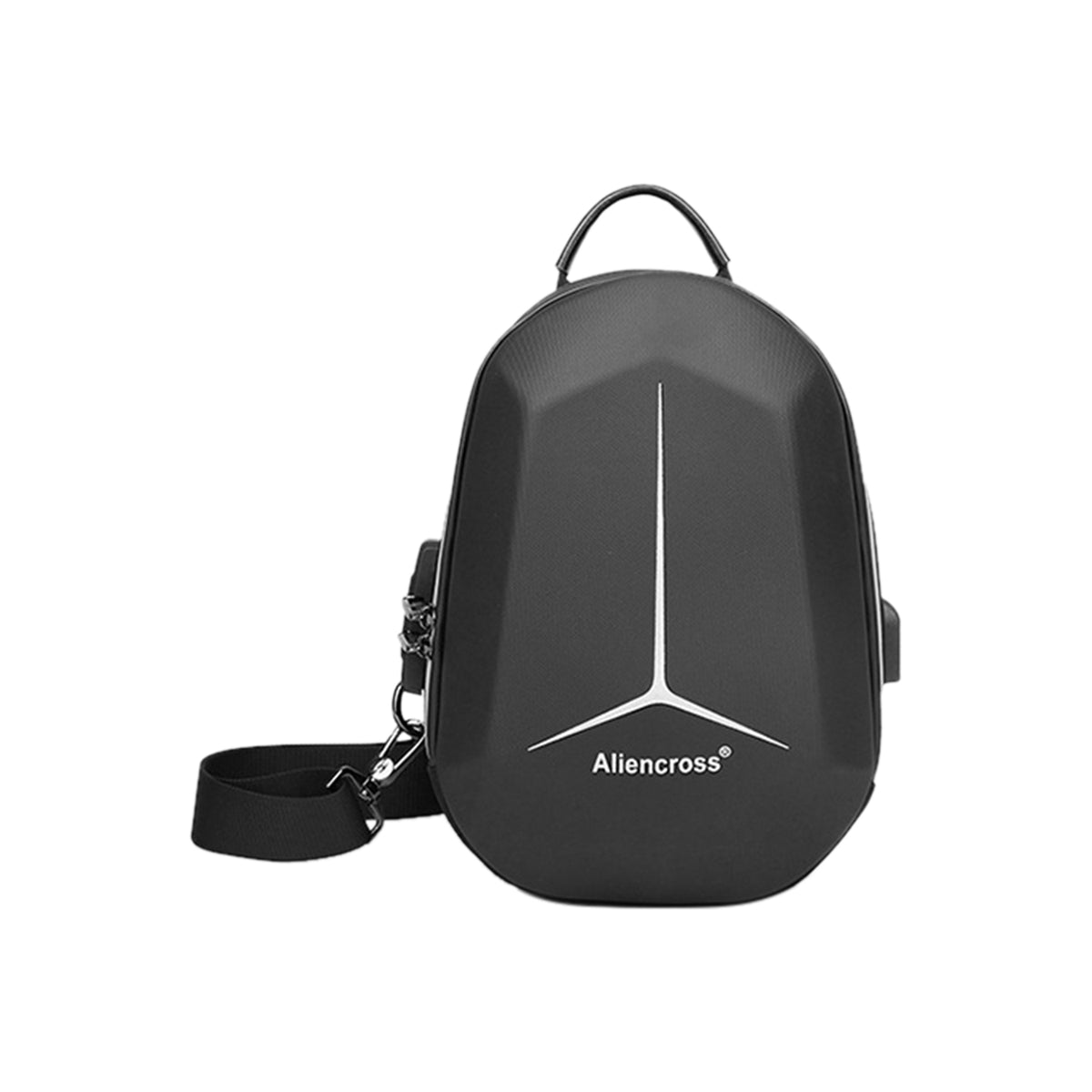 Sacoche rigide bandoulière noire avec port USB et motif frontal