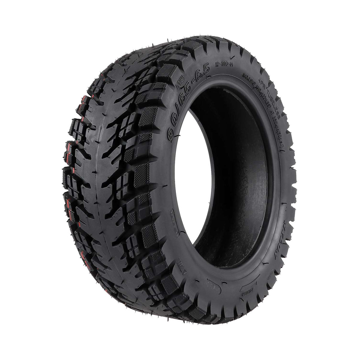 Pneu tubeless tout-terrain 11 pouces noir 90/65-6,5 vu de trois-quarts