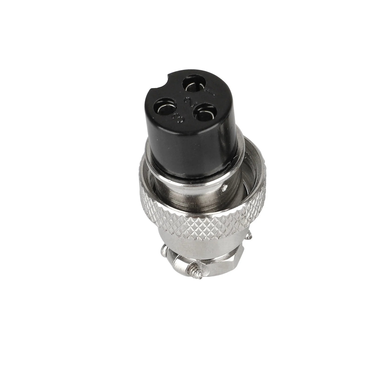 Connecteur GX16 femelle à 3 broches métallique vu de trois quarts