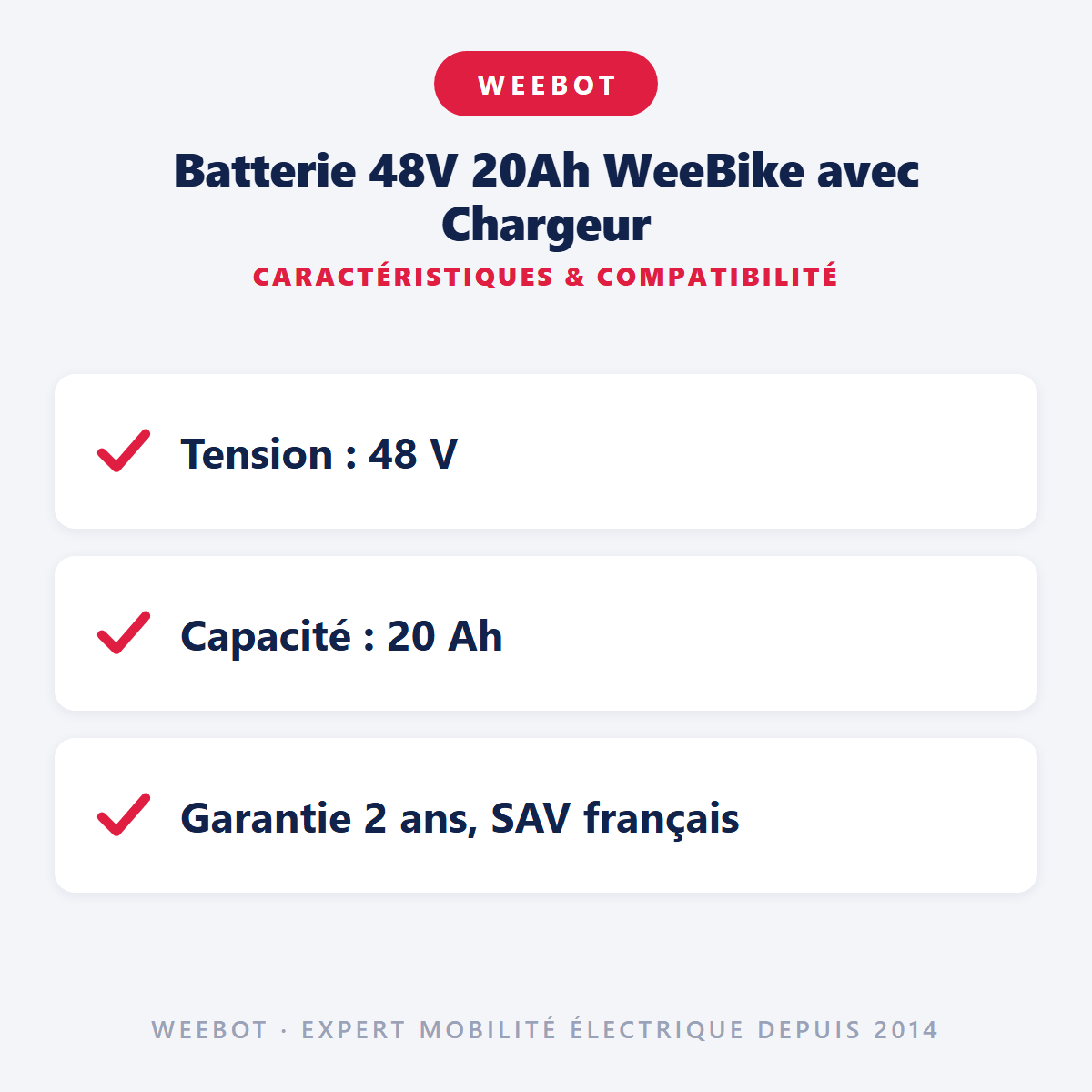 Batterie 48V 20Ah WeeBike avec Chargeur - Weebot