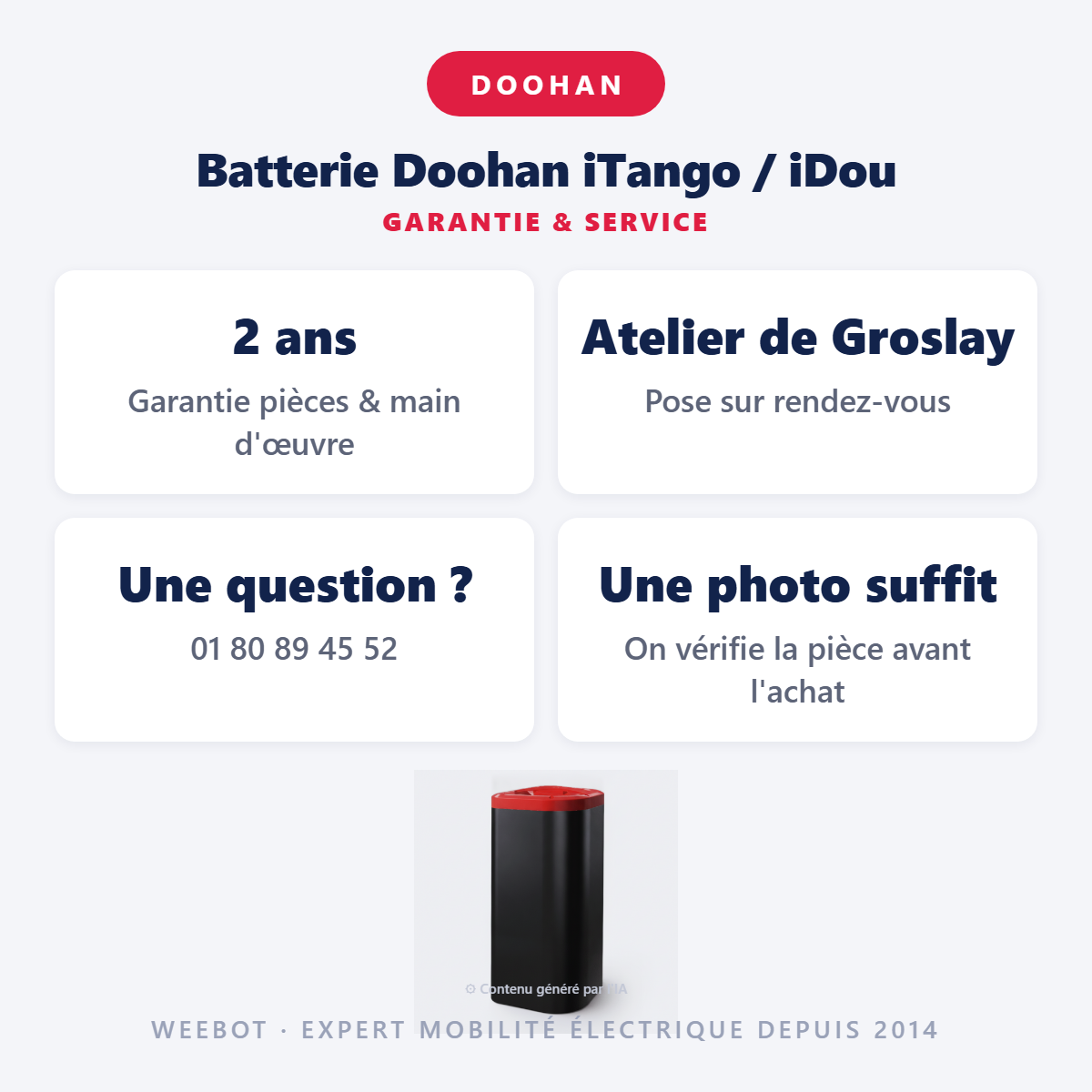 Batterie Doohan iTango / iDou : garantie 2 ans et service après-vente