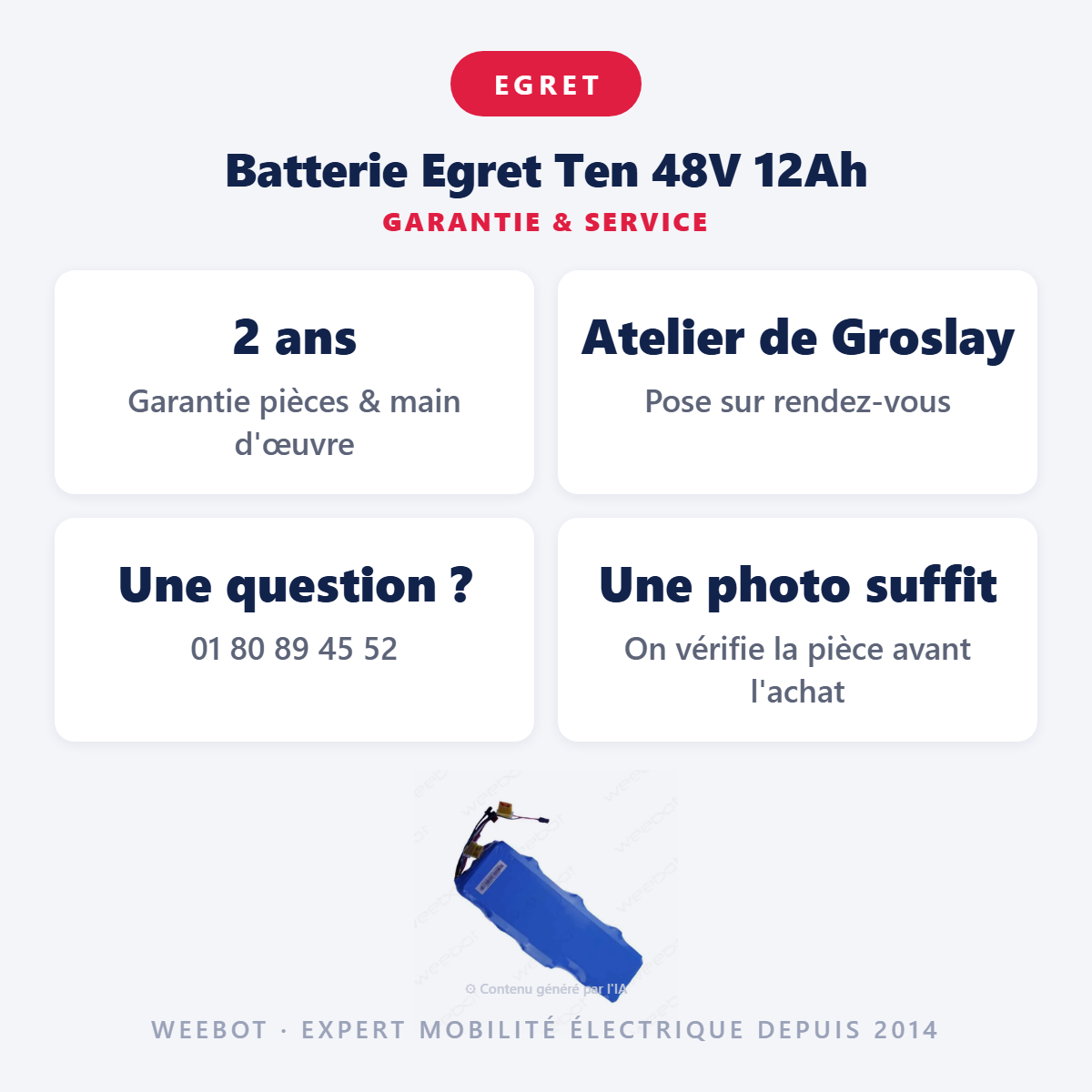 Batterie Egret Ten 48V 12Ah : garantie 2 ans et service après-vente