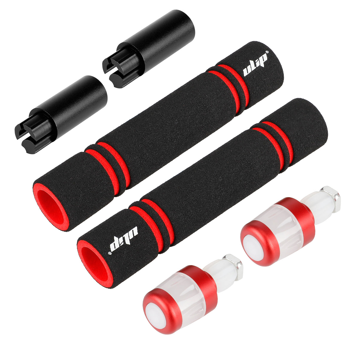 Paire de poignées de guidon noires et rouges avec extensions et embouts clignotants LED rechargeables USB