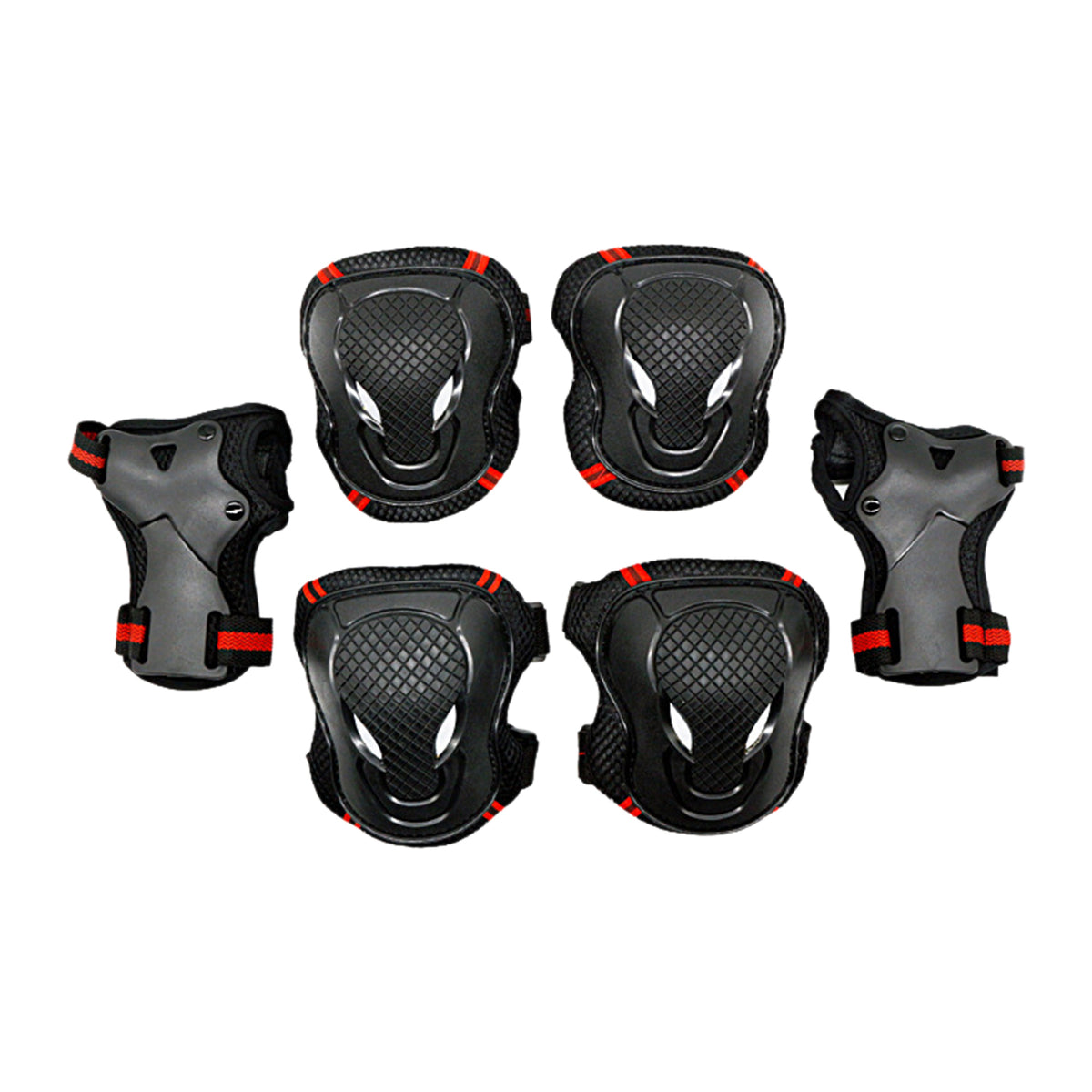 Kit complet de protections de couleur noir et rouge comprenant genouillères, coudières et protège-poignets