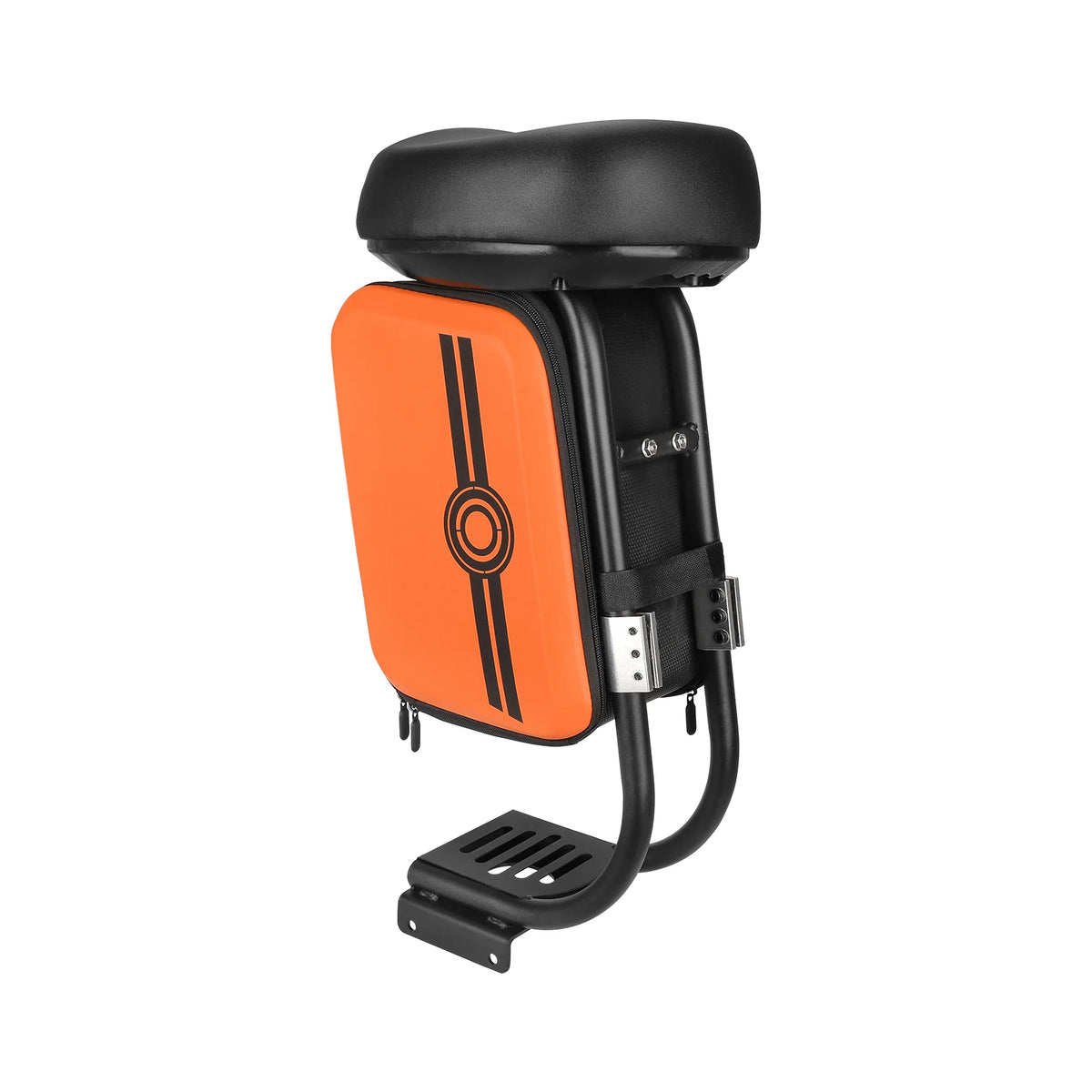Selle noire pour trottinette électrique avec sacoche orange intégrée