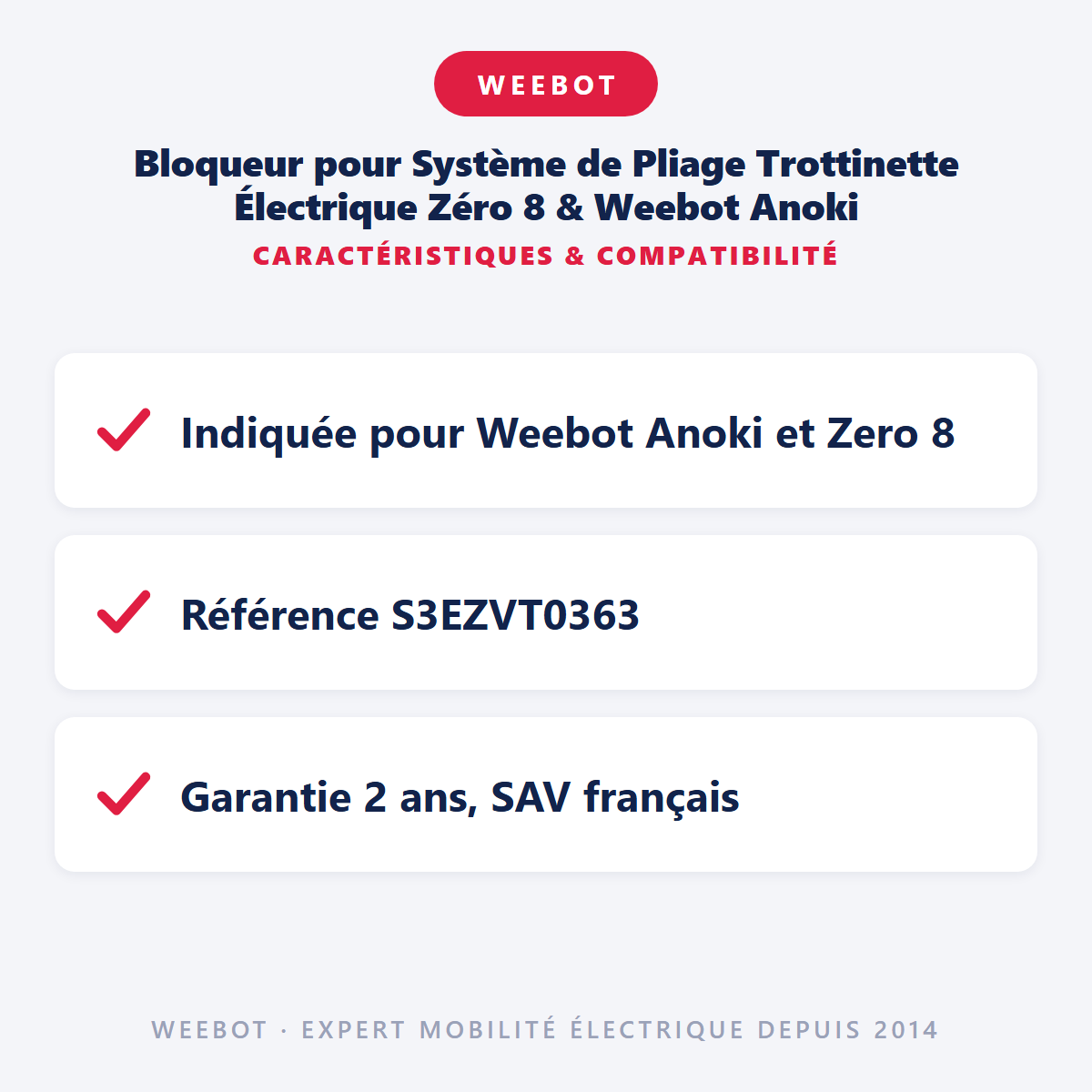 Bloqueur pour Système de Pliage Trottinette Électrique Zéro 8 & Weebot Anoki : caractéristiques et compatibilité