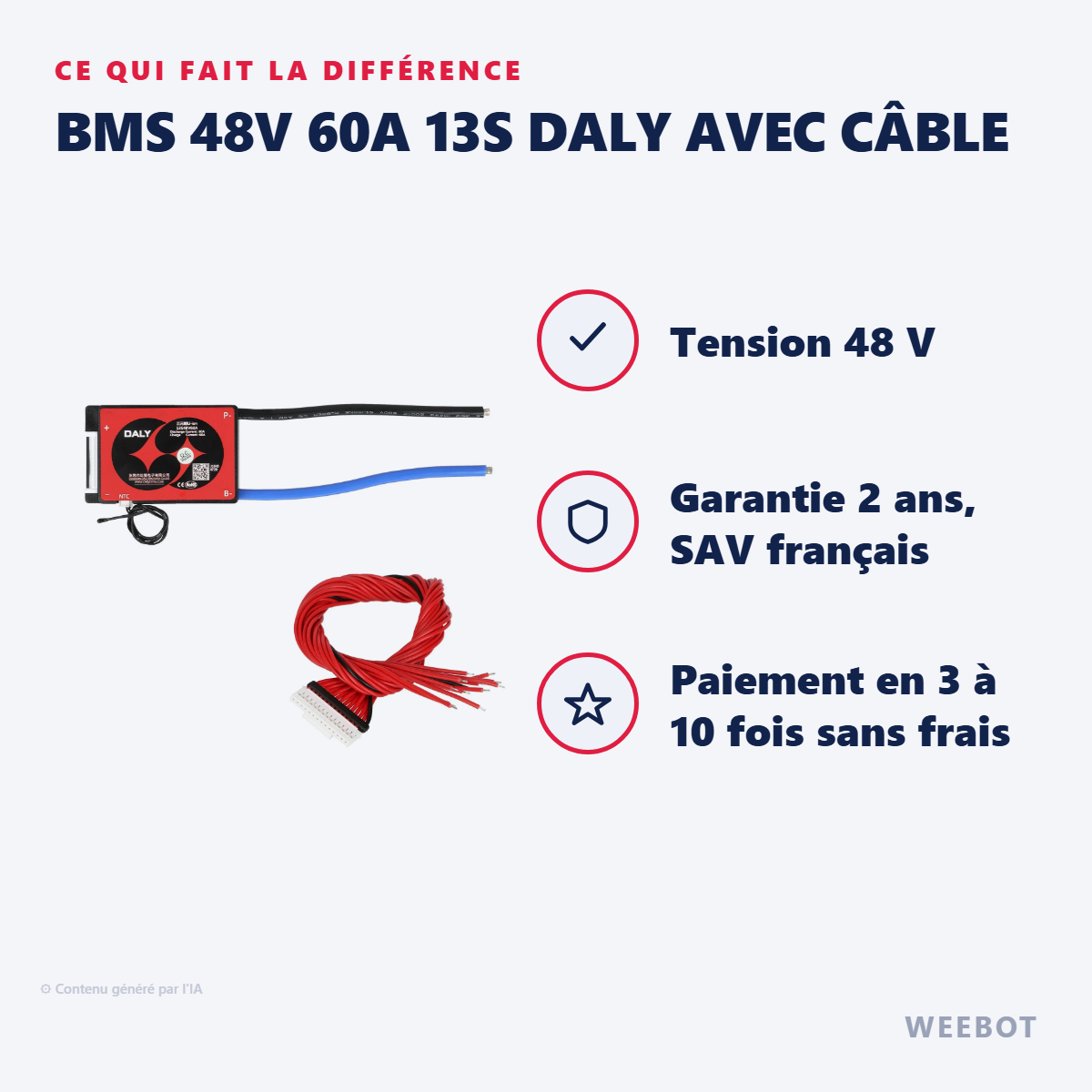 BMS 48V 60A 13S Daly avec Câble : les points forts