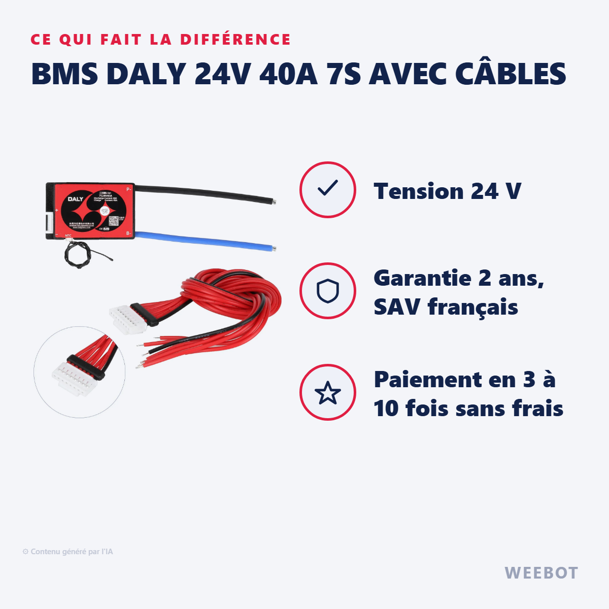 BMS Daly 24V 40A 7S avec Câbles : les points forts