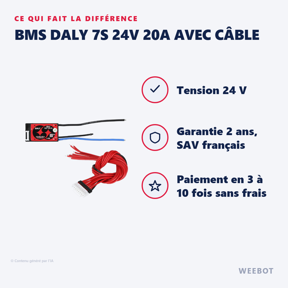 BMS Daly 7S 24V 20A avec Câble : les points forts