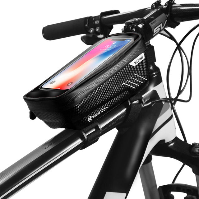 Sacoche support téléphone rigide Wild Man noire fixée sur le cadre d'un vélo
