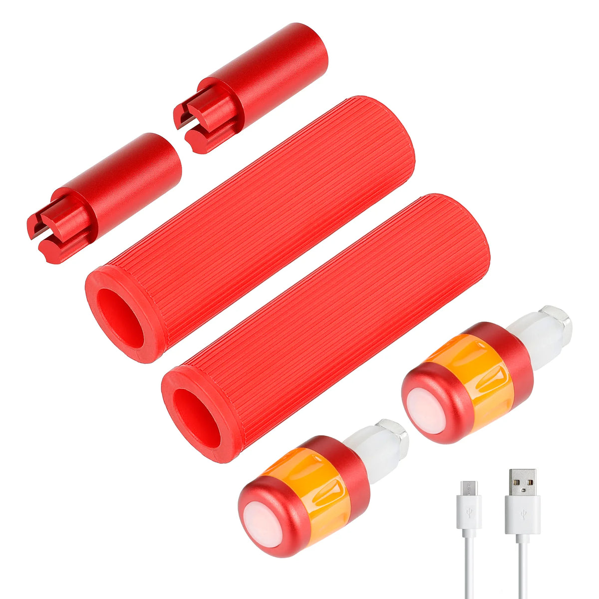 Poignées en silicone rouge avec extension de guidon, embouts clignotants lumineux et câble de charge USB