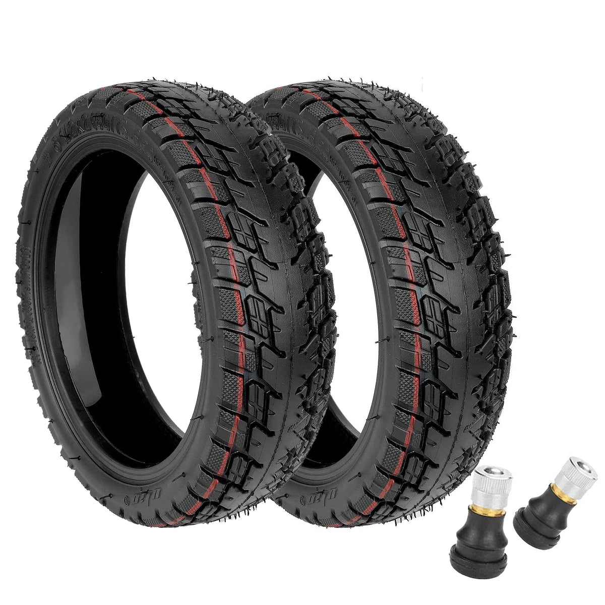 Deux pneus tubeless tout-terrain noirs 8,5 pouces et deux valves de gonflage