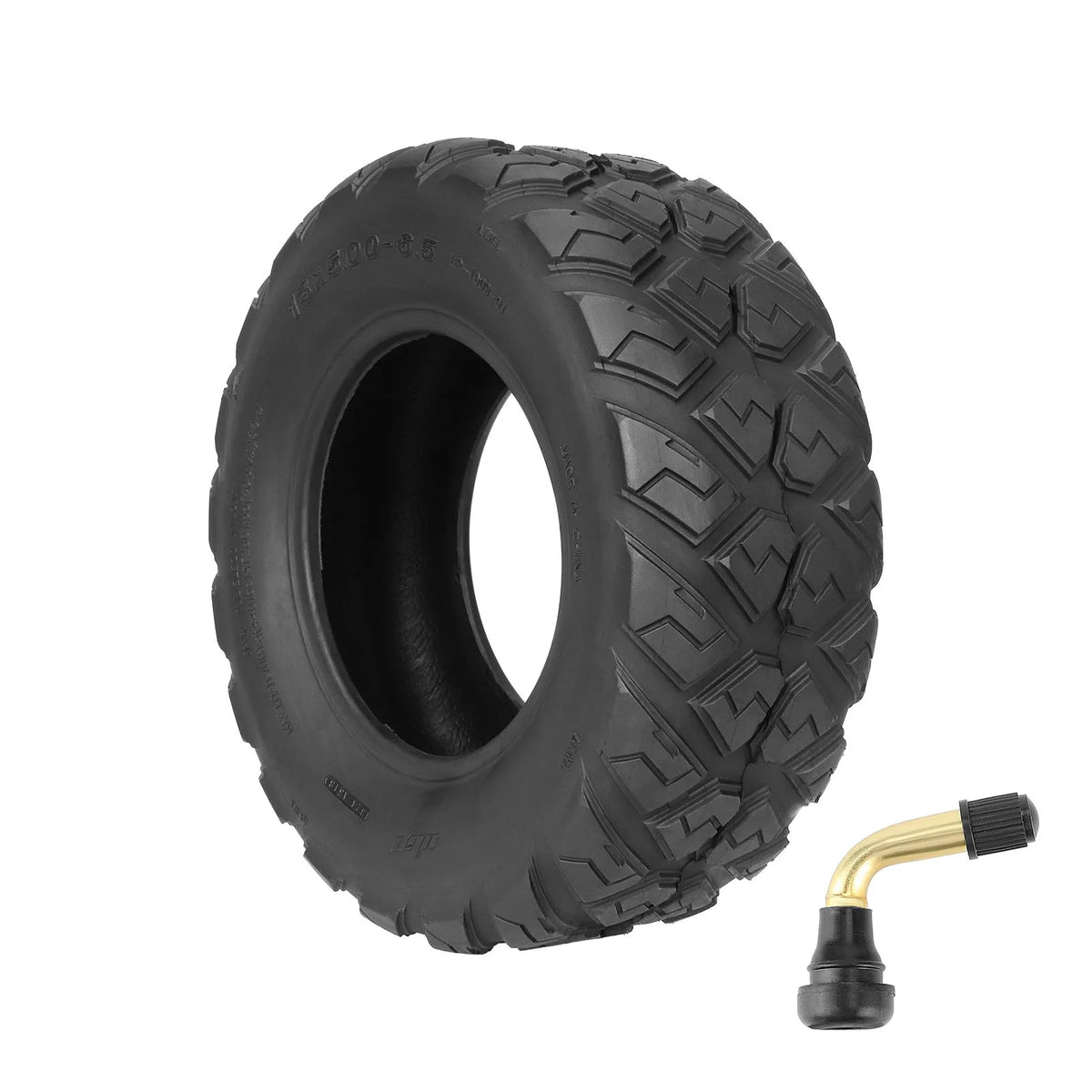 Pneu tubeless tout-terrain 13 pouces noir avec sa valve PVR50 coudée