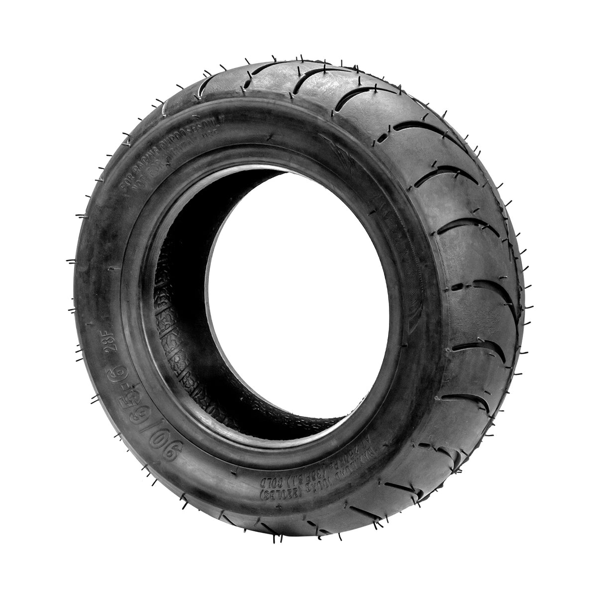Pneu tubeless 11 pouces 90/65-6 noir vu de trois-quarts