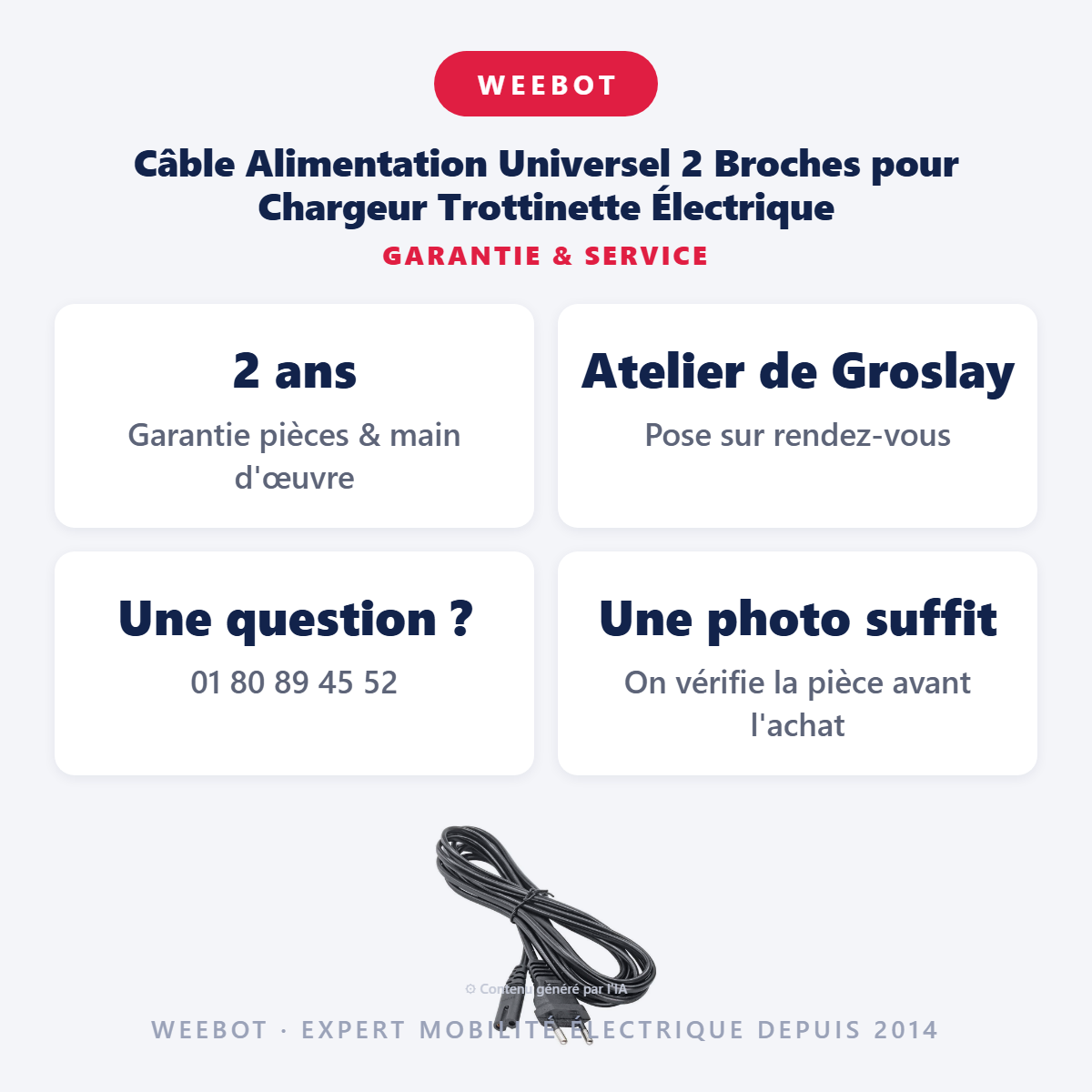 Câble Alimentation Universel 2 Broches pour Chargeur Trottinette Électrique : garantie 2 ans et service après-vente