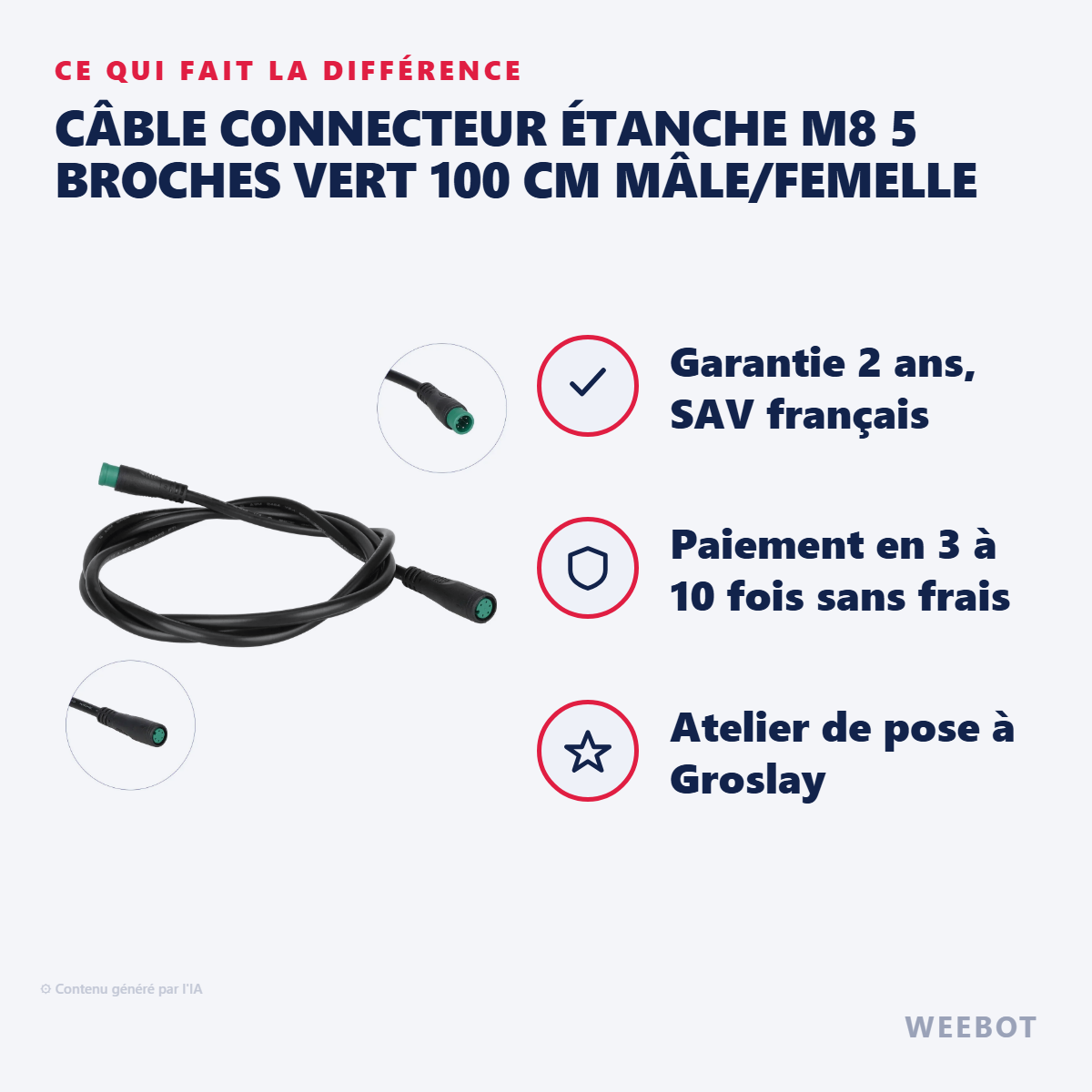 Câble Connecteur Étanche M8 5 Broches Vert 100 cm Mâle/Femelle : les points forts