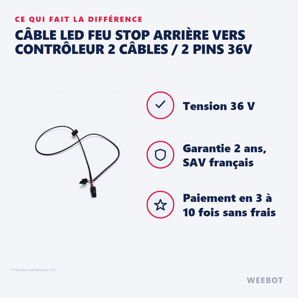 Câble Led Feu Stop Arrière Vers Contrôleur 2 Câbles / 2 Pins 36V - Weebot
