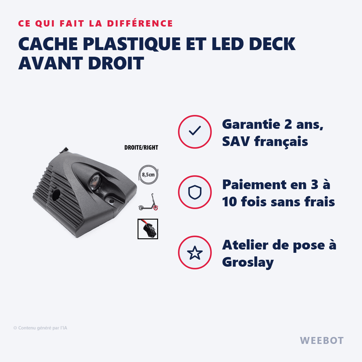 Cache Plastique et LED Deck Avant Droit pour Trottinette Électrique Kukirin G2 Master - Weebot
