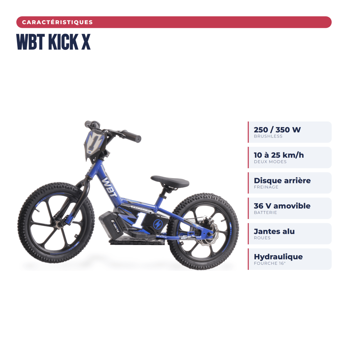 Caractéristiques de la draisienne électrique WBT Kick X