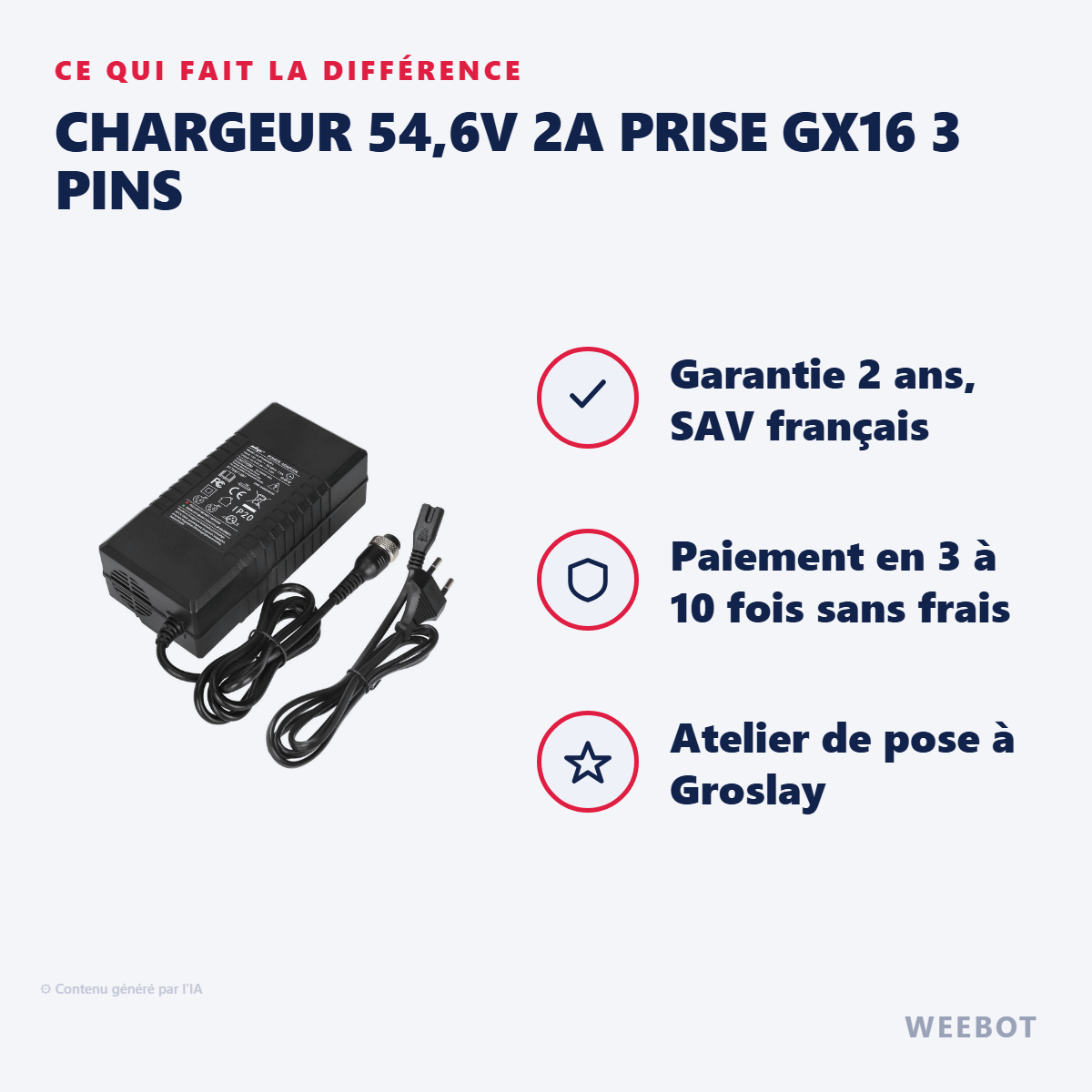 Chargeur 54,6V 2A Prise GX16 3 Pins : les points forts