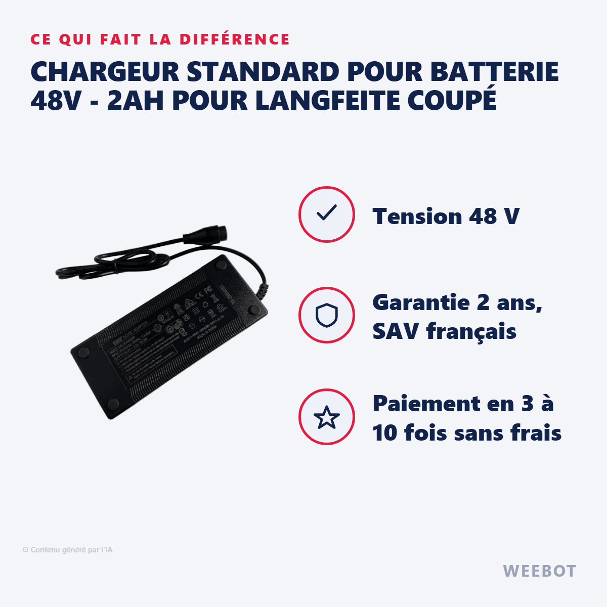 Chargeur Standard pour Batterie 48V - 2Ah pour LANGFEITE Coupé - Weebot