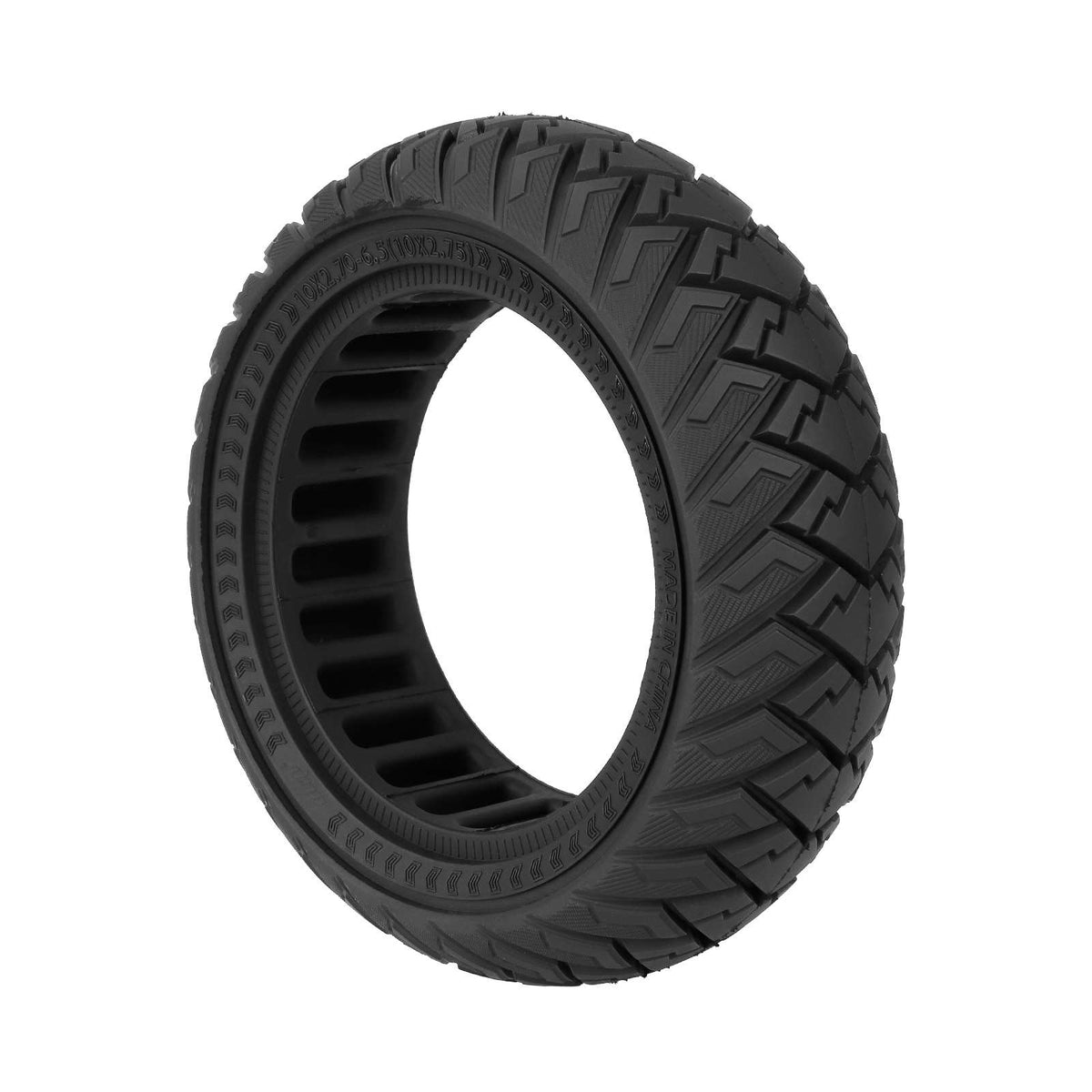 Pneu plein tout-terrain 10 pouces noir pour trottinette électrique vu de trois quarts