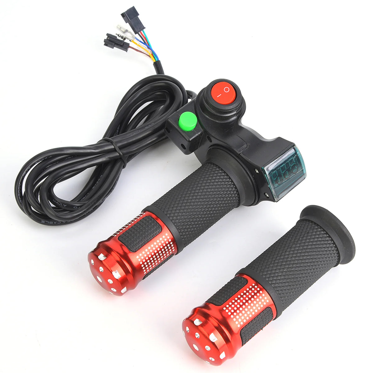 Pair de poignées d'accélération noires et rouges avec écran voltmètre et boutons de commande