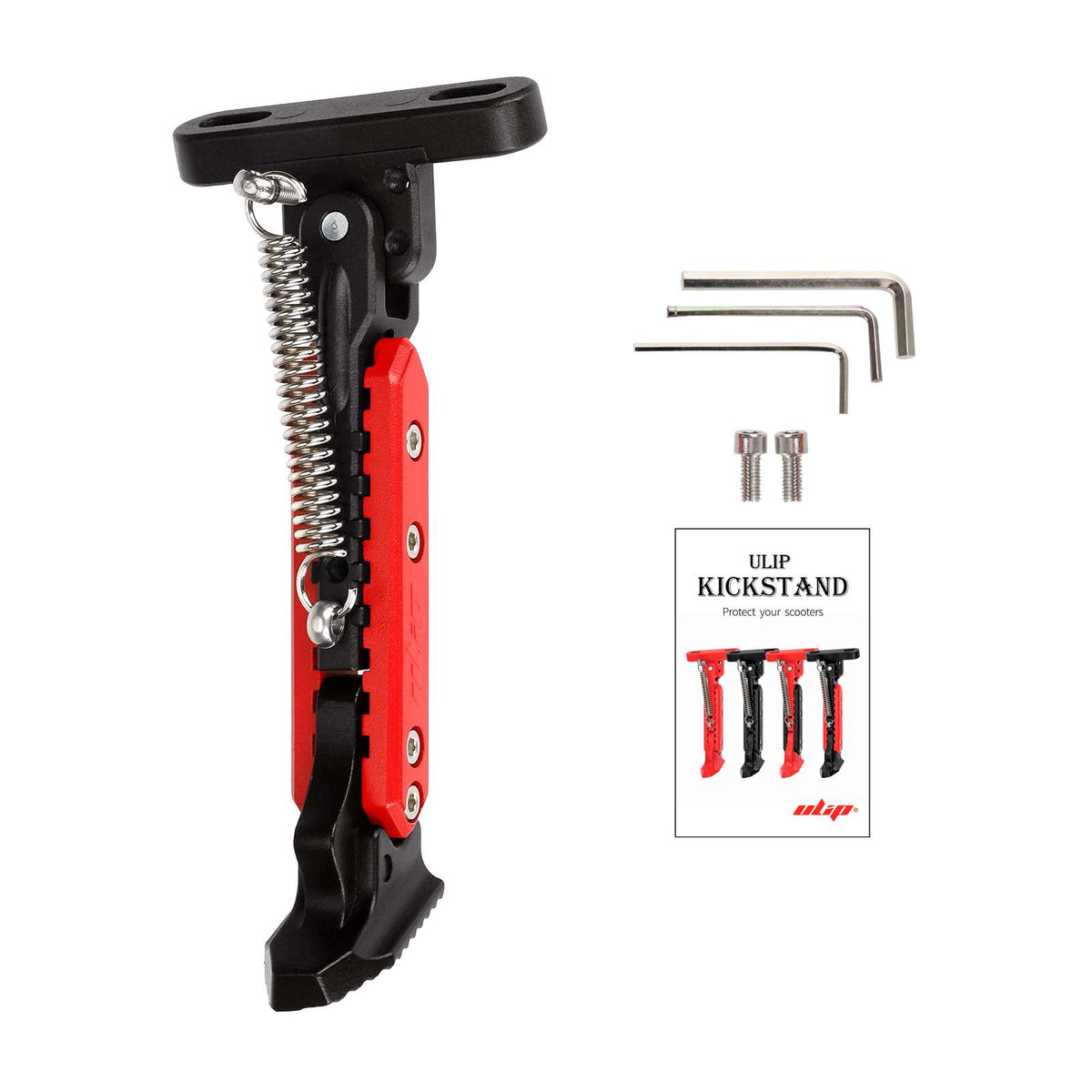 Béquille réglable pour trottinette électrique noire et rouge avec clés et vis de fixation