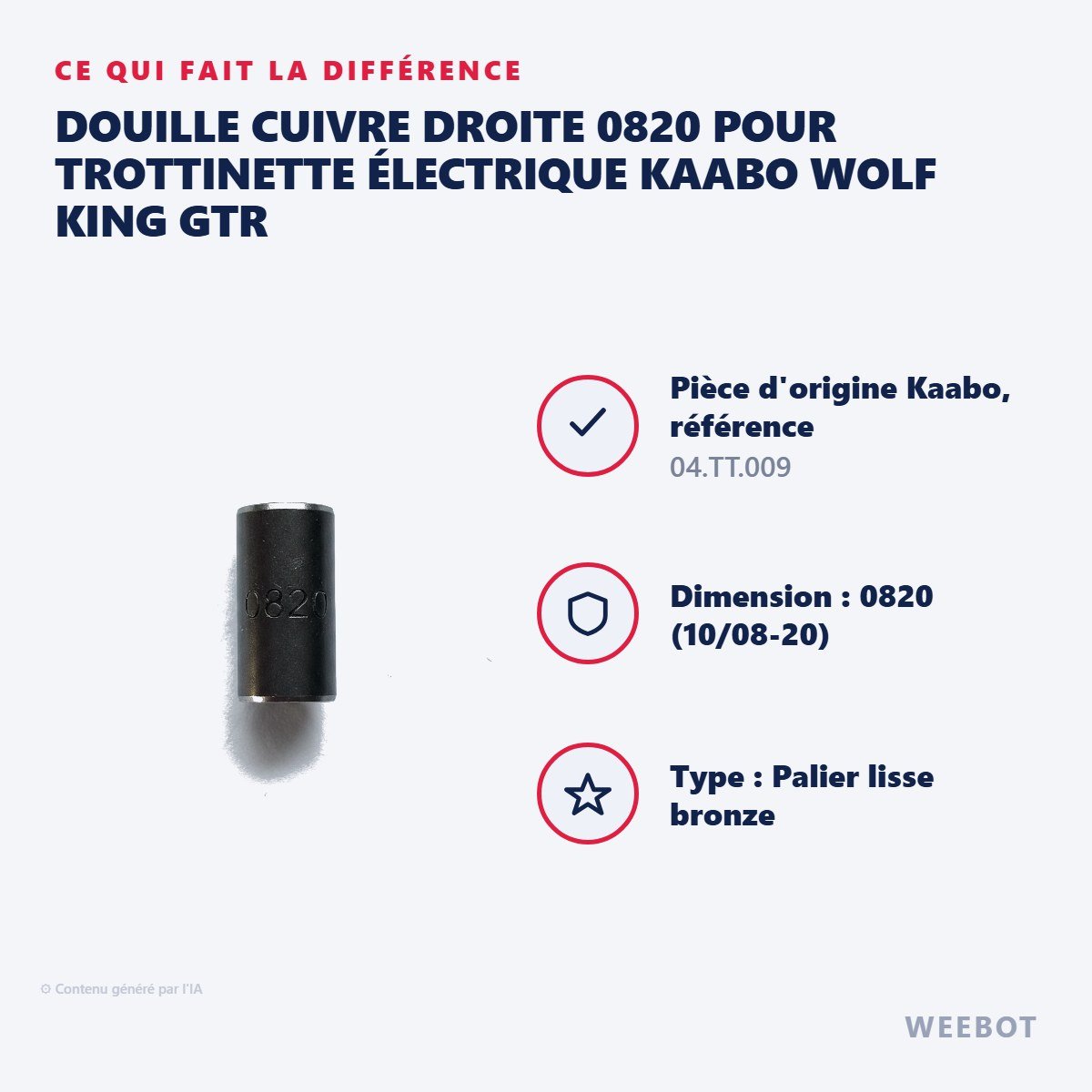 Douille Cuivre Droite 0820 pour Trottinette Électrique Kaabo Wolf King GTR - Weebot
