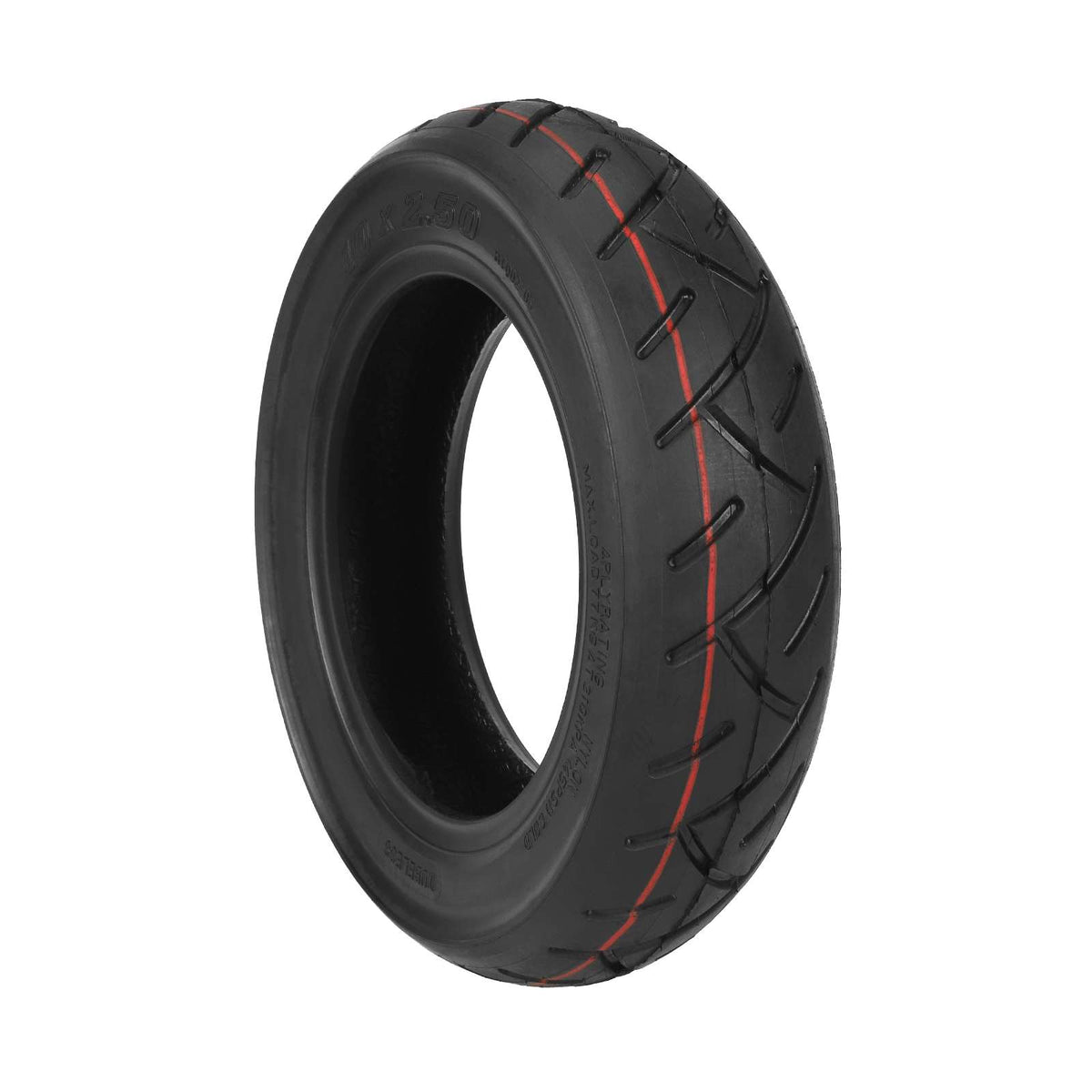 Pneu tubeless route 10x2.50 noir avec bande rouge vu en perspective