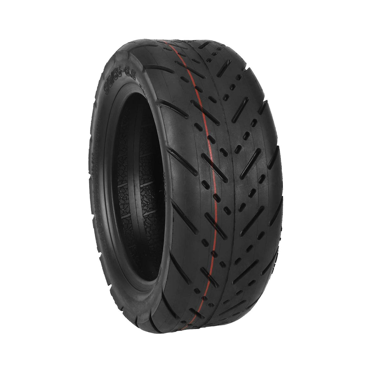 Pneu tubeless route 11 pouces noir 90/65-6,5 vu de trois-quarts
