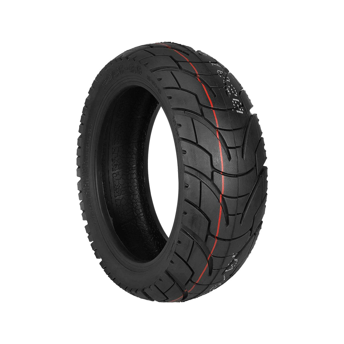 Pneu tubeless routier 10 pouces 80/65-6,5 noir avec liseré rouge vu de trois-quarts