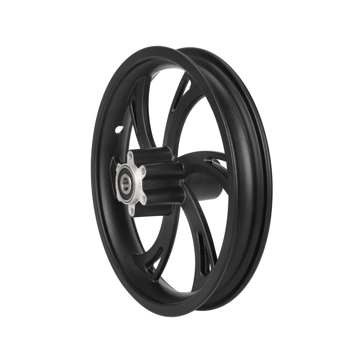 Jante avant en aluminium noire de 12 pouces vue de trois quarts
