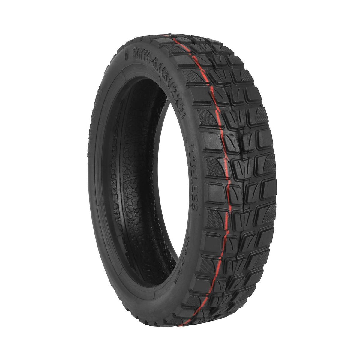 Pneu tubeless tout-terrain noir de 8,5 pouces vu de trois-quarts