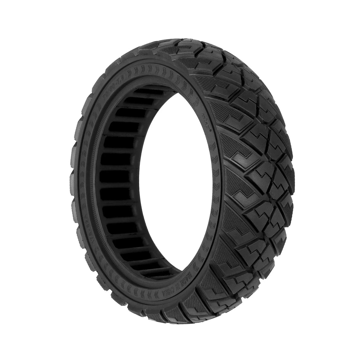 Pneu plein tout-terrain noir de 11 pouces avec structure alvéolée vu de trois-quarts