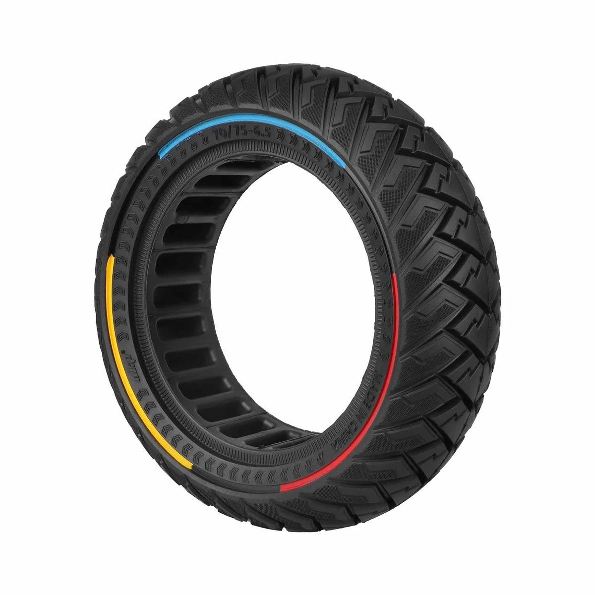 Pneu plein tout-terrain 10 pouces noir avec liserés tricolores bleu, jaune et rouge